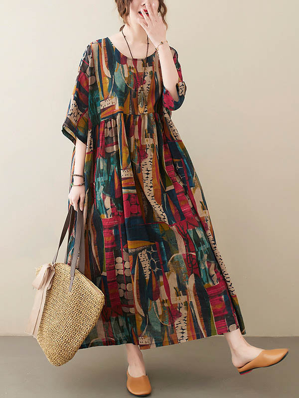 Vintage Loose Abstract Printed Pleated Round-Neck Half Sleeves Midi Dress