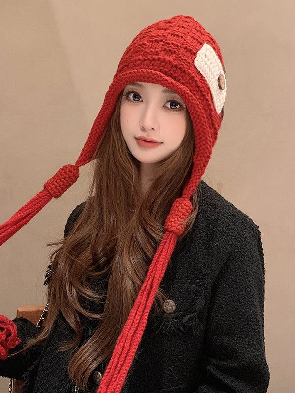 Contrast Color Solid Color Tasseled Knitted Hats