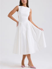 Stylish And Elegant Solid Color Round Neck Backless Sleeveless Midi Dress