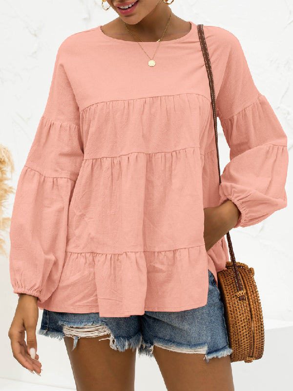 Casual Long Sleeves Puff Sleeves Solid Color Round-Neck T-Shirts Tops