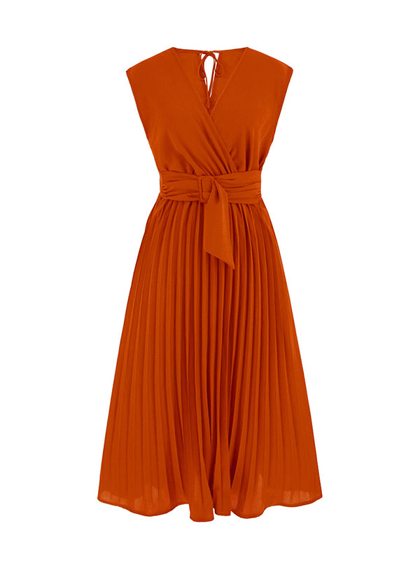 Sleeveless Pleated Solid Color Tied Waist V-Neck Midi Dresses