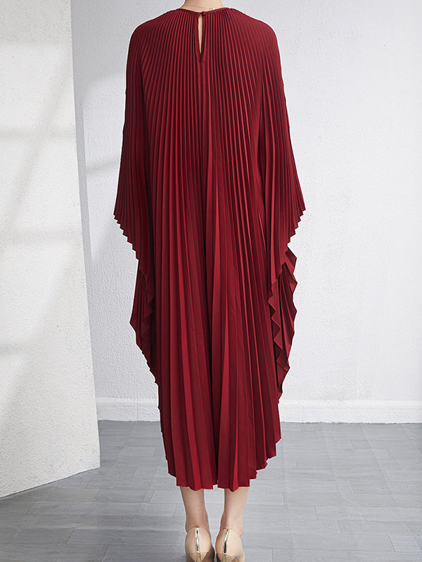 Batwing Sleeves Loose Pleated Solid Color Maxi Dresses