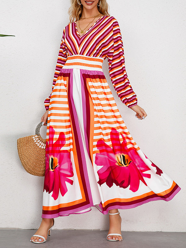 A-Line Long Sleeves Backless Elasticity Flower Print Split-Joint Striped Tied V-Neck Maxi Dresses