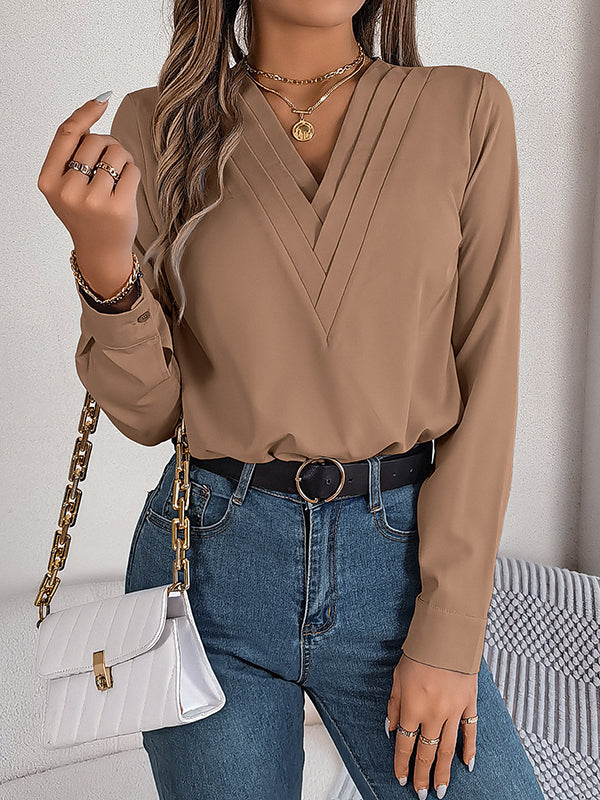 Long Sleeves Loose Pleated Solid Color Split-Joint V-Neck T-Shirts Tops