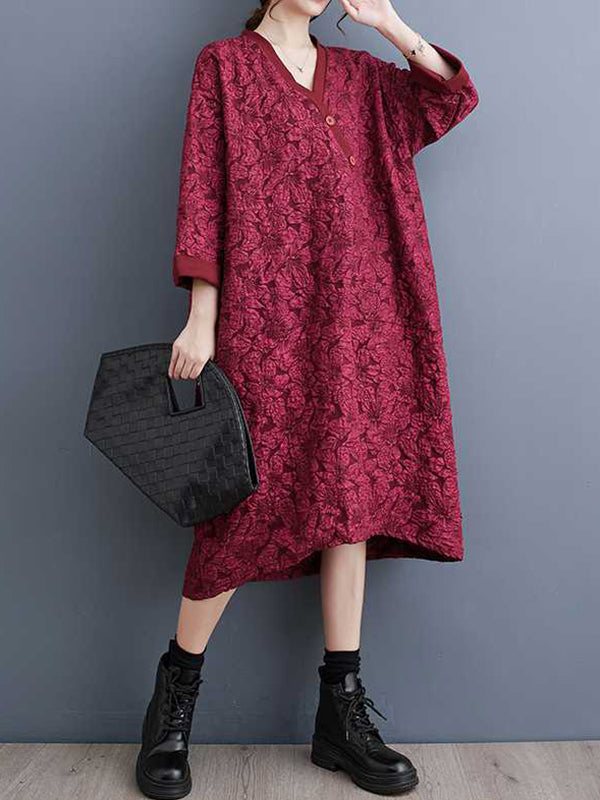 A-Line Half Sleeves Asymmetric Buttoned Jacquard V-Neck Midi Dresses