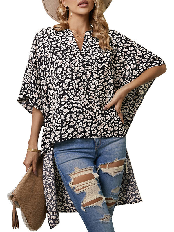 Batwing Sleeves High-low Contrast Color Flower Print Leaves Print Solid Color T-Shirts Tops