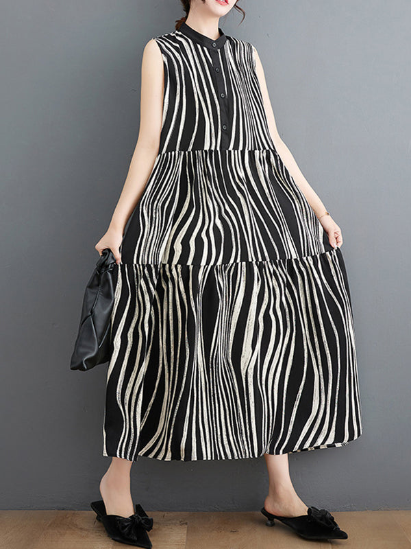 Loose Sleeveless Striped Stand Collar Midi Dresses