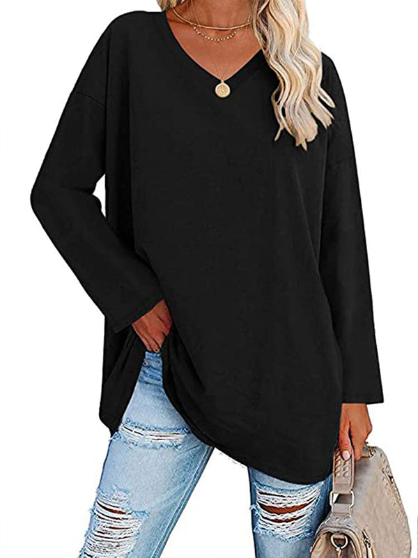 Long Sleeves Loose See-Through Solid Color Split-Joint V-Neck T-Shirts