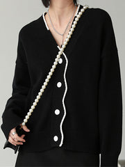 Casual Loose Long Sleeves Buttoned Contrast Color V-Neck Cardigan Tops