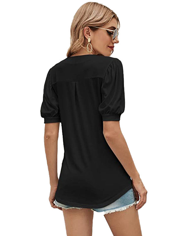 Simple Solid Color V-Neck Puff Sleeves T-Shirt Top