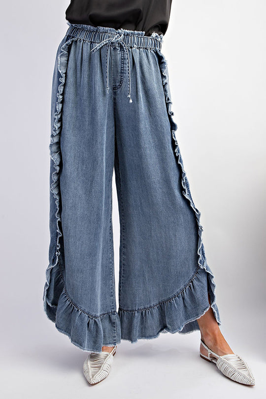 Solid Color Ruffled Elastic Waist Tie Loose Denim Flared Pants