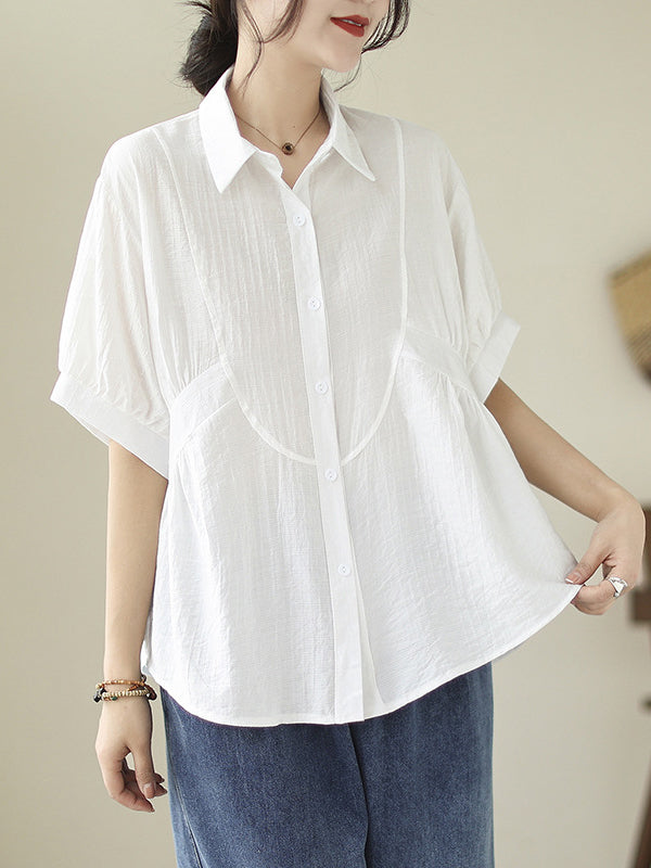 Half Sleeves Loose Pleated Solid Color Split-Joint Lapel Blouses&Shirts Tops