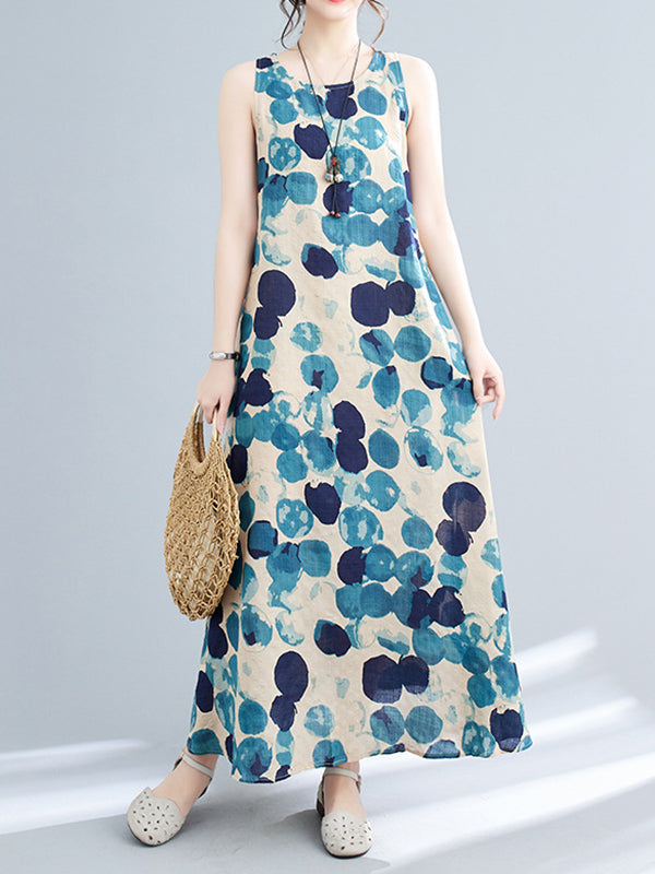 Loose Sleeveless Polka-Dot Round-Neck Maxi Dresses