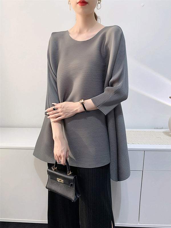 High-Low Loose Pleated Solid Color Split-Side Round-Neck T-Shirts Tops