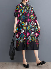 A-Line Loose Buttoned Printed Lapel Midi Dresses