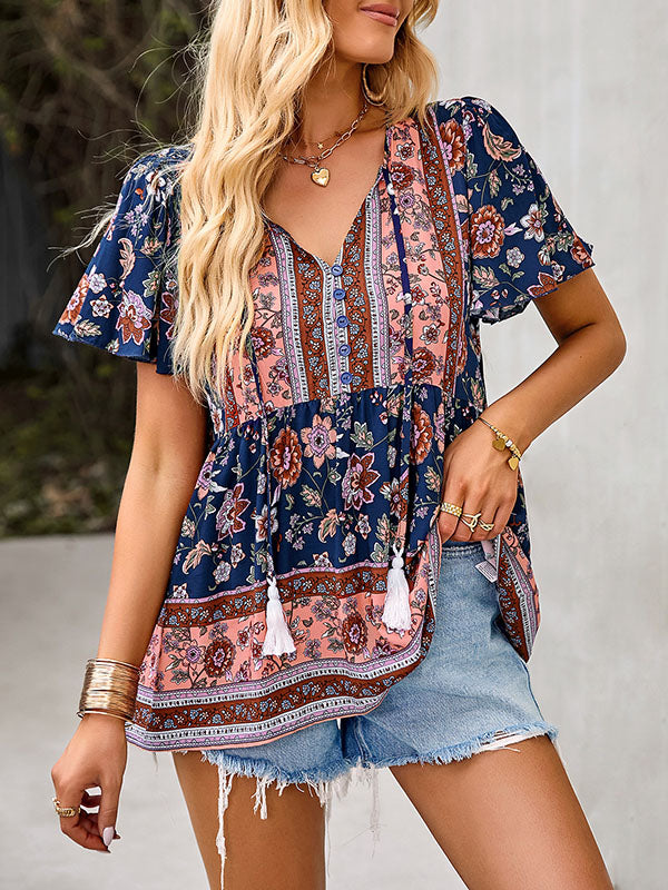 Loose Short Sleeves Buttoned Flower Print Split-Joint Tasseled Tied V-Neck T-Shirts Tops