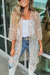 Here for The Party Draped Tassel Sequin Bell Sleeve Loose Kimono