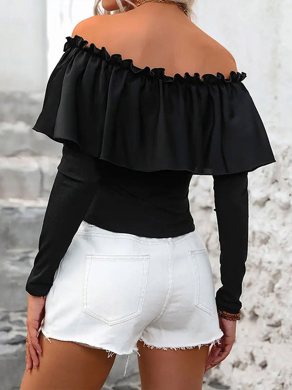 Long Sleeves Skinny Pleated Solid Color Split-Joint Off-the-shoulder T-Shirts Tops