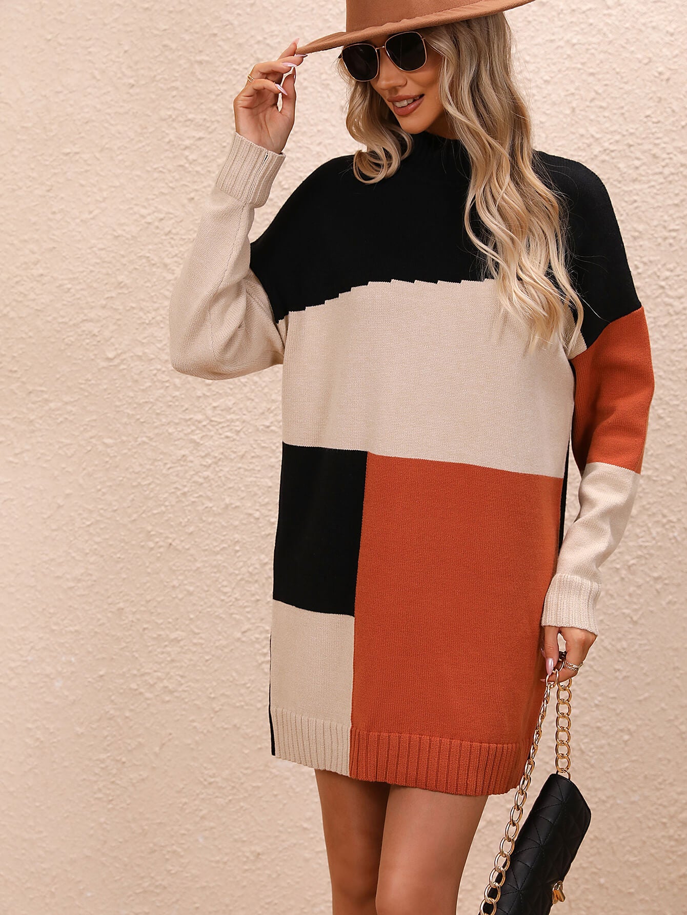 Cindy Color Block Mini Sweater Dress - Orange