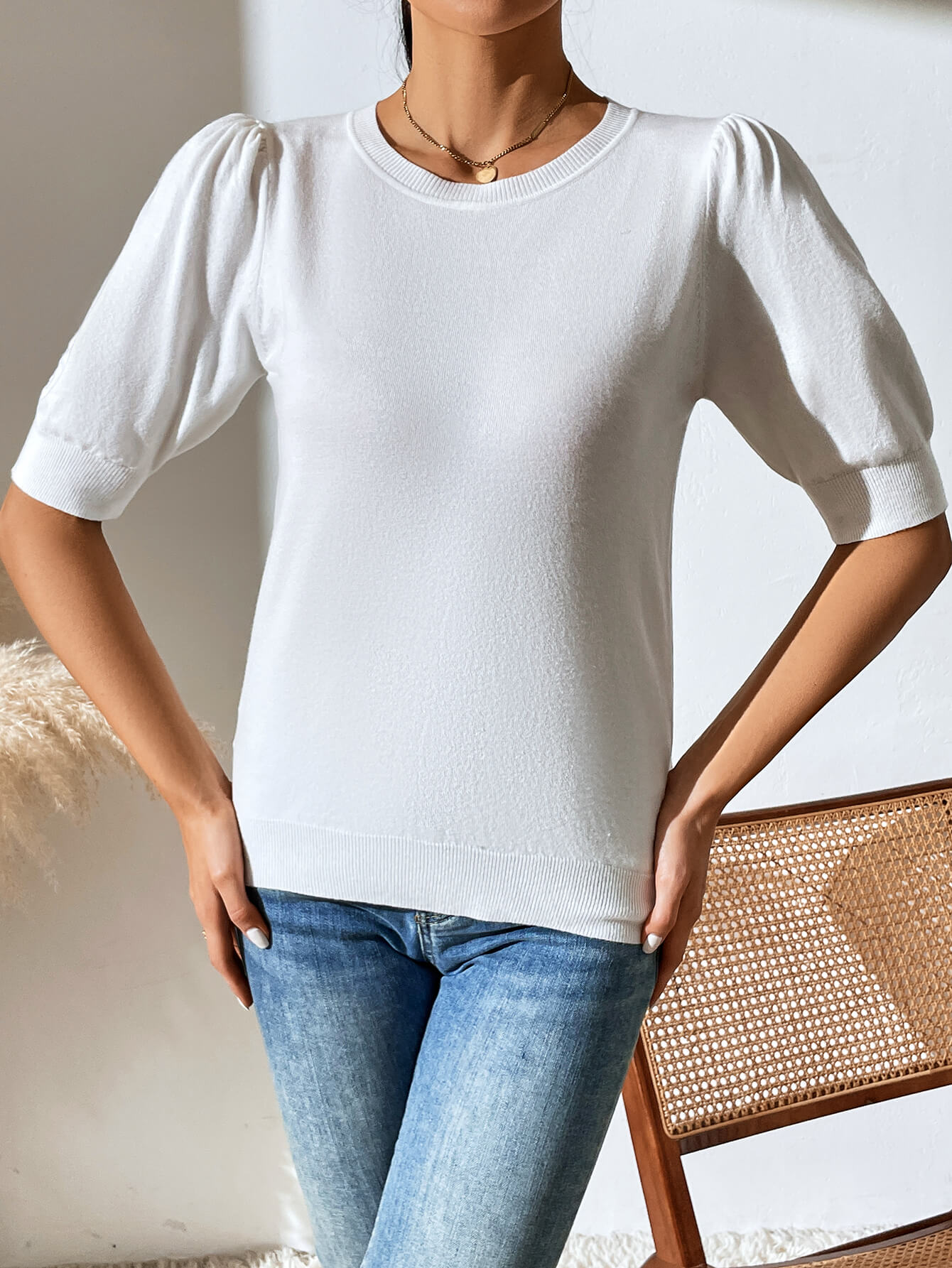 HALO SHORT SLEEVE COTTON BLEND KNIT TOP - CREAM