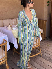 Boho V Neck Bell Sleeve Wavy Striped Crochet Beach Vacation Maxi Dress