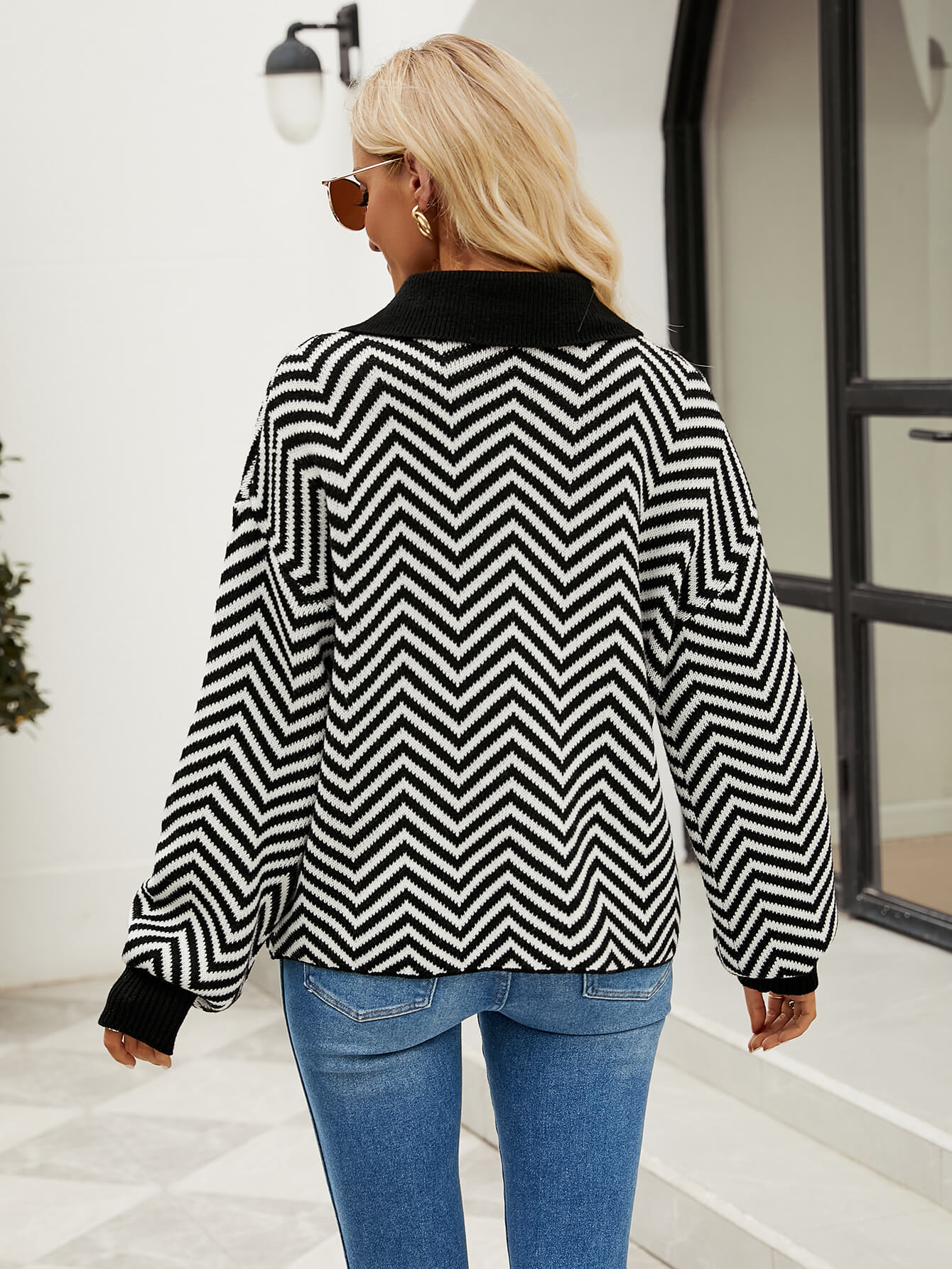 Benji Zig Zag Striped Batwing Sleeve Sweater - Black