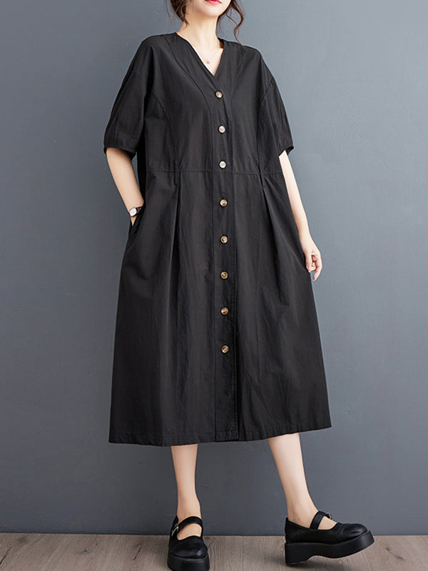 A-Line Loose Buttoned Pockets Solid Color V-Neck Midi Dresses