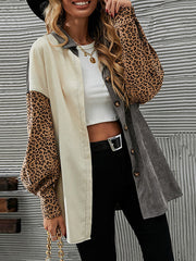 Long Sleeves Loose Buttoned Leopard Pockets Split-Joint Lapel Jackets Outerwear