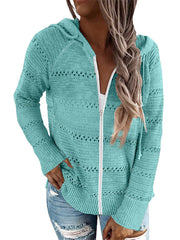 Long Sleeves Loose Drawstring Hollow Split-Side Zipper Round-Neck Cardigan Tops Knitwear