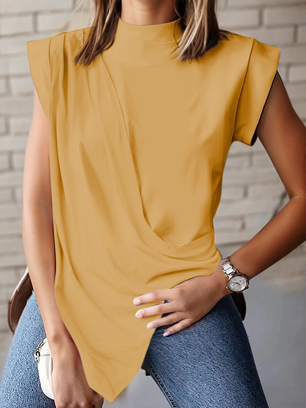 Loose Sleeveless Asymmetric Pleated Solid Color Split-Joint Mock Neck T-Shirts Tops