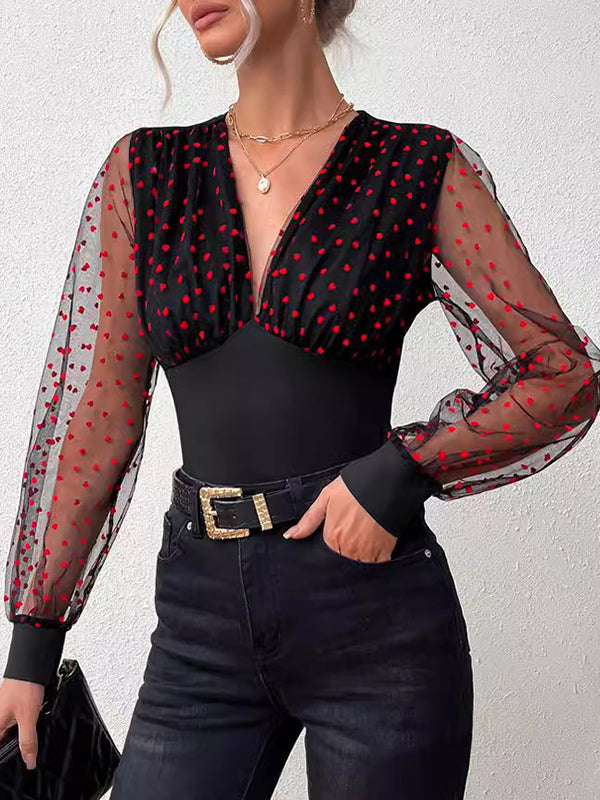 Puff Sleeves Skinny Pleated Polka-Dot See-Through Split-Joint V-neck Blouses&shirts Tops