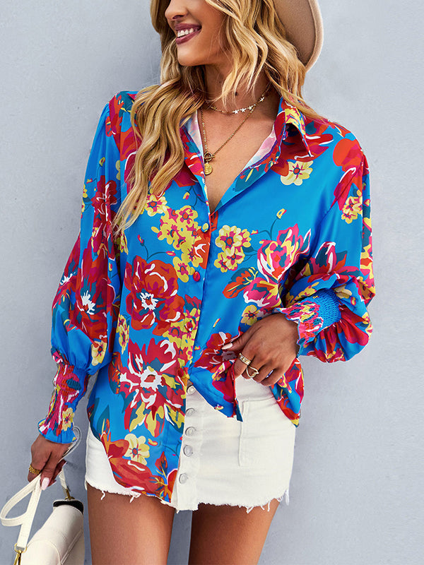 Long Sleeves Loose Buttoned Elasticity Flower Print Lapel Blouses&Shirts Tops