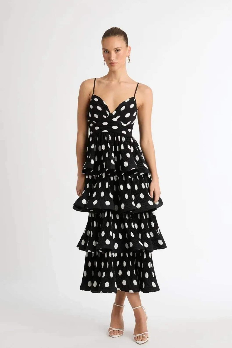 Verna Polka Dot Tiered Midi Dress