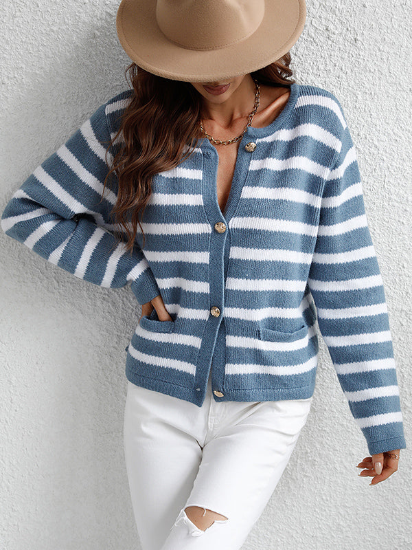 Long Sleeves Loose Buttoned Pockets Striped Round-Neck Cardigan Tops