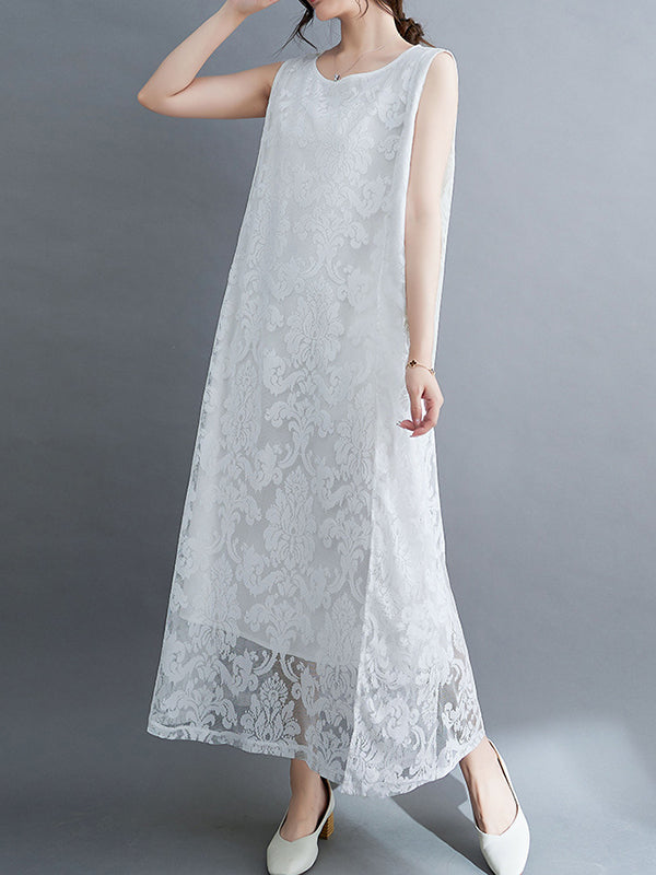 A-Line Loose Lacy See-Through Solid Color Split-Side Round-Neck Midi Dresses