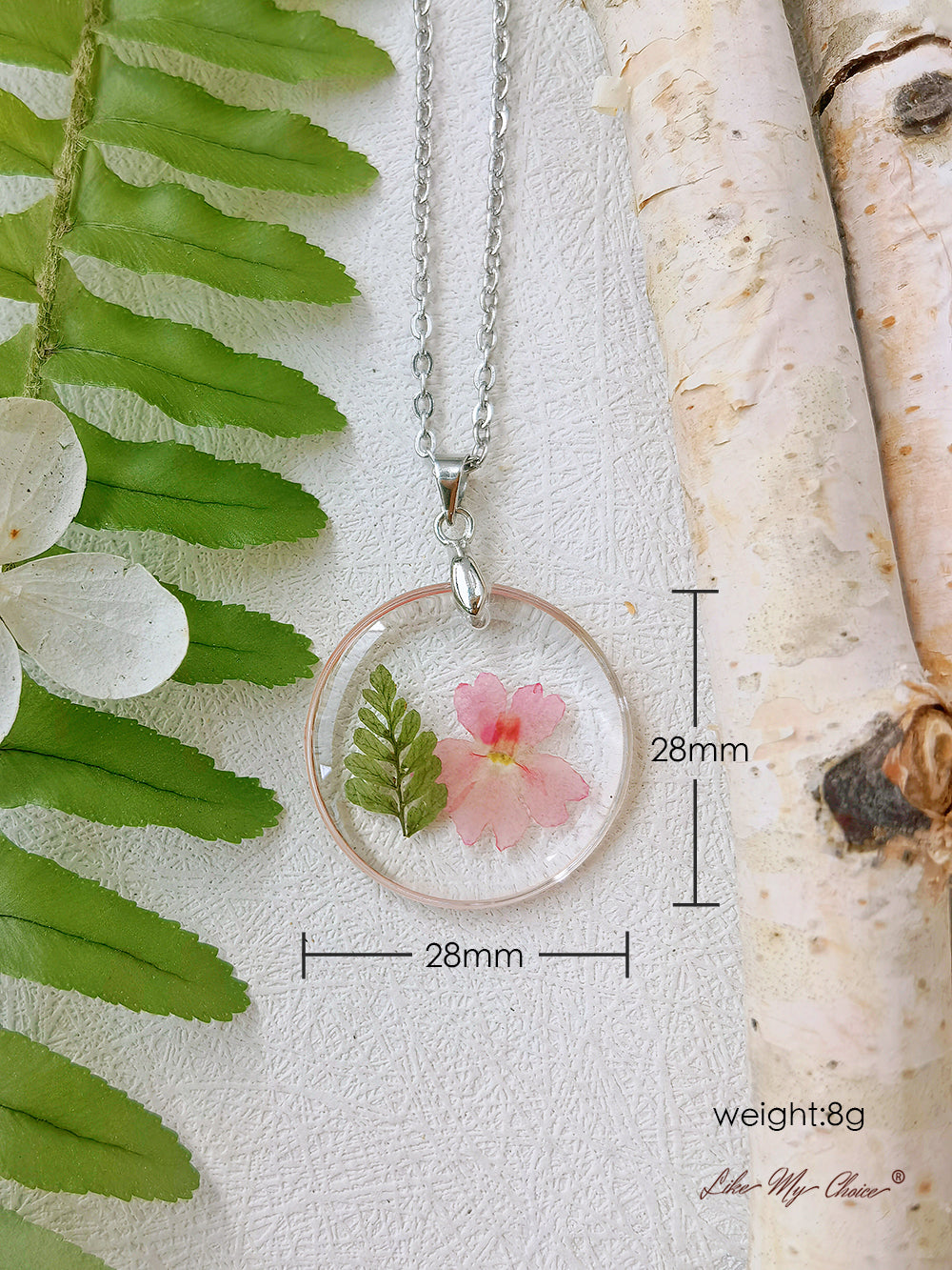 Natural Fern Mallow Resin Pressed Flower Botanical Pendant Necklace