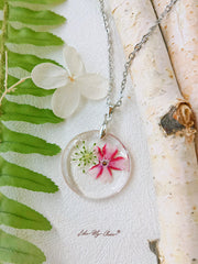 Queen Anne Lace Pink Mallows Flower Botanical Pendant Circle Necklace