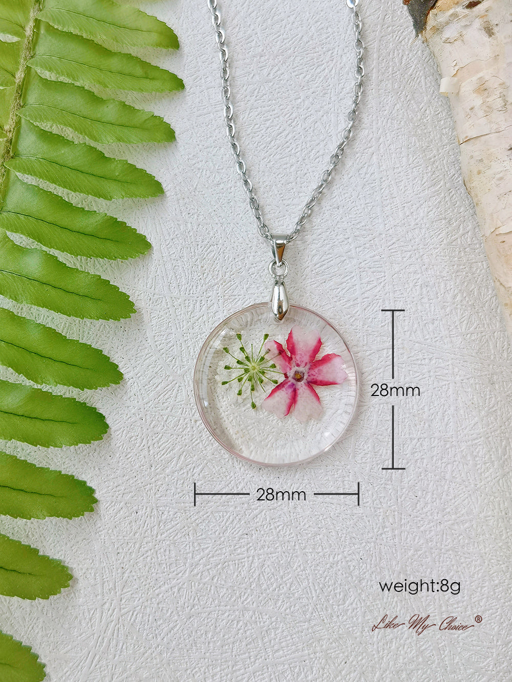 Queen Anne Lace Pink Mallows Flower Botanical Pendant Circle Necklace