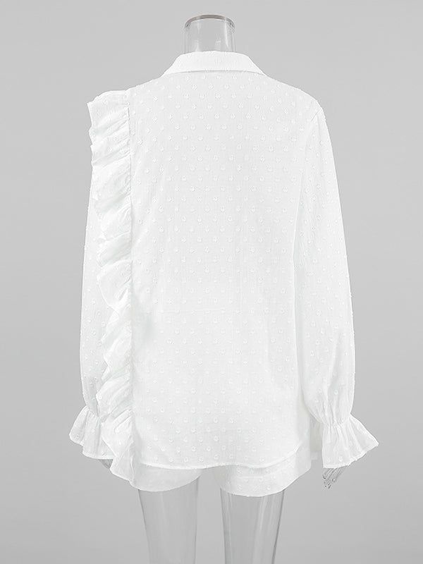 Loose Solid Color Jacquard Ruffled Split-Joint Lapel Blouse + High Waisted Shorts Two Pieces Set