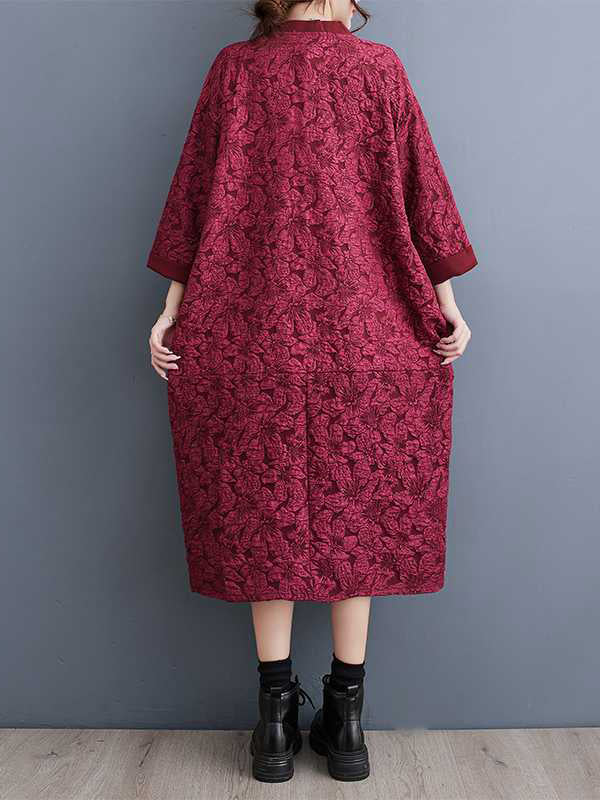 A-Line Half Sleeves Asymmetric Buttoned Jacquard V-Neck Midi Dresses