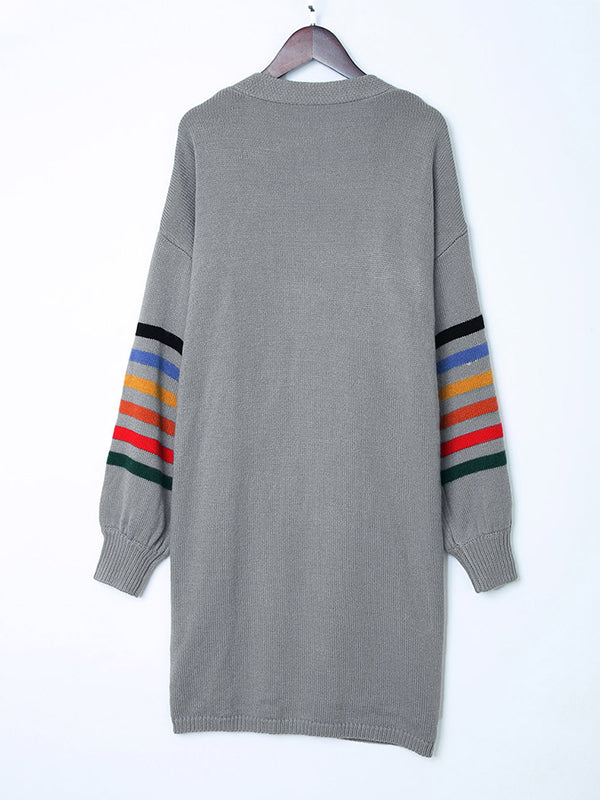 Long Sleeves Loose Colorful Contrast Color Striped Collarless Cardigan Tops