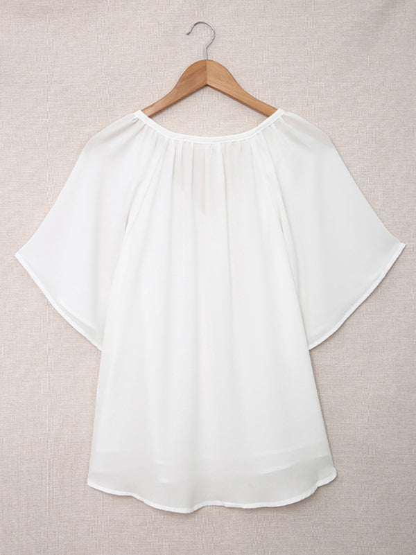 Simple Casual Solid Color Loose Pleated Half Sleeves T-Shirt Top