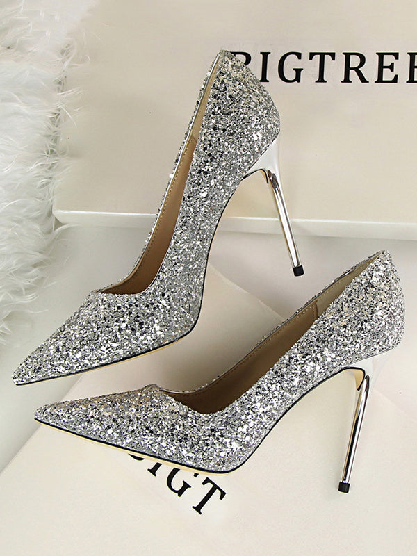 Pointed-Toe Sequined Shallow Cut Pumps