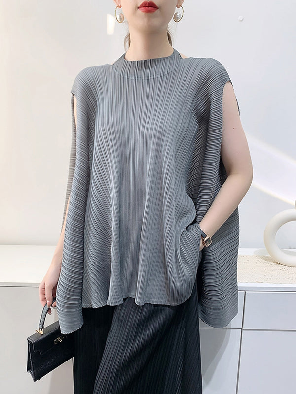 Loose Sleeveless Pleated Solid Color Halter-Neck T-Shirts Tops