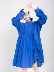 Blue Loose Pleated Cropped Blouse Dress