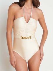 Metal Belt One-Piece Solid Color Suspender One-Piece Swimsuit