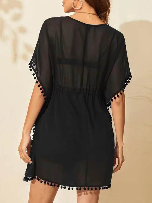 Batwing Sleeves Loose Drawstring See-Through Solid Color Tasseled V-Neck Beach Cover-Up Mini Dresses