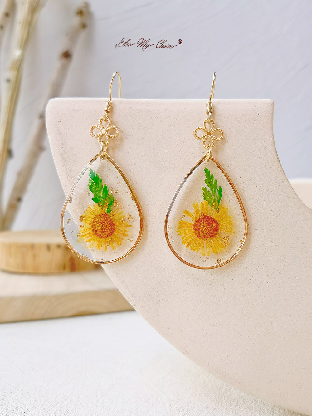 Sunflower Resin Pearl Gold Foil Earrings