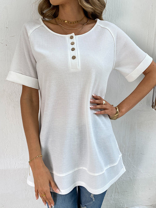 Loose Short Sleeves Buttoned Solid Color Split-Joint V-Neck T-Shirts Tops