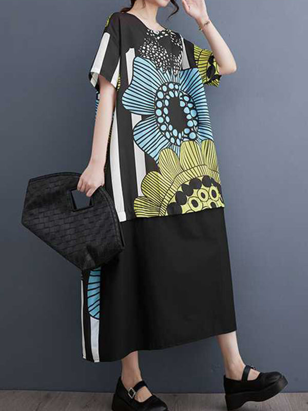 A-Line Loose Flower Print Pockets Split-Joint Round-Neck Midi Dresses